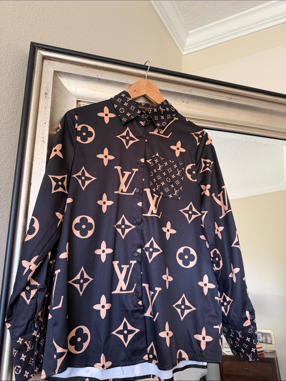 Black and Beige All-Over Monogram Button-Up Blouse.